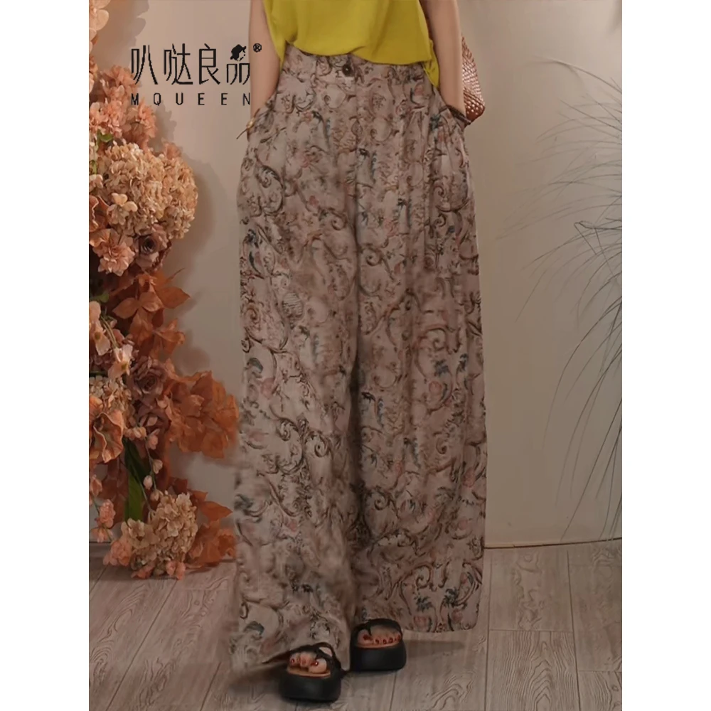Y【叭哒不惑】干枯玫瑰 复古印花宽松显瘦阔腿裤女高腰休闲裤