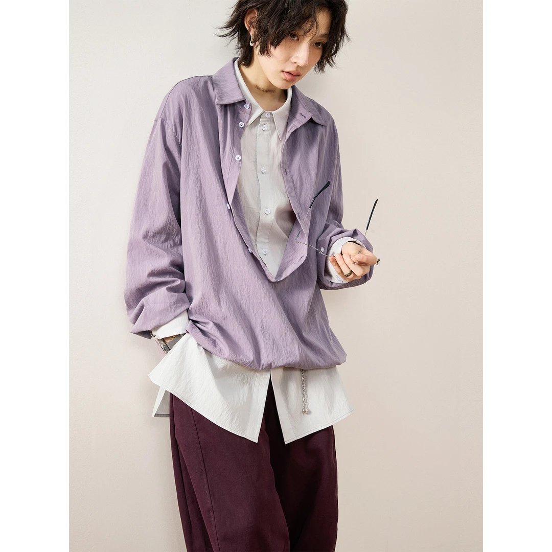 sameuoo 真两件设计感叠穿长袖衬衫春季女男纯色百搭宽松长袖上衣