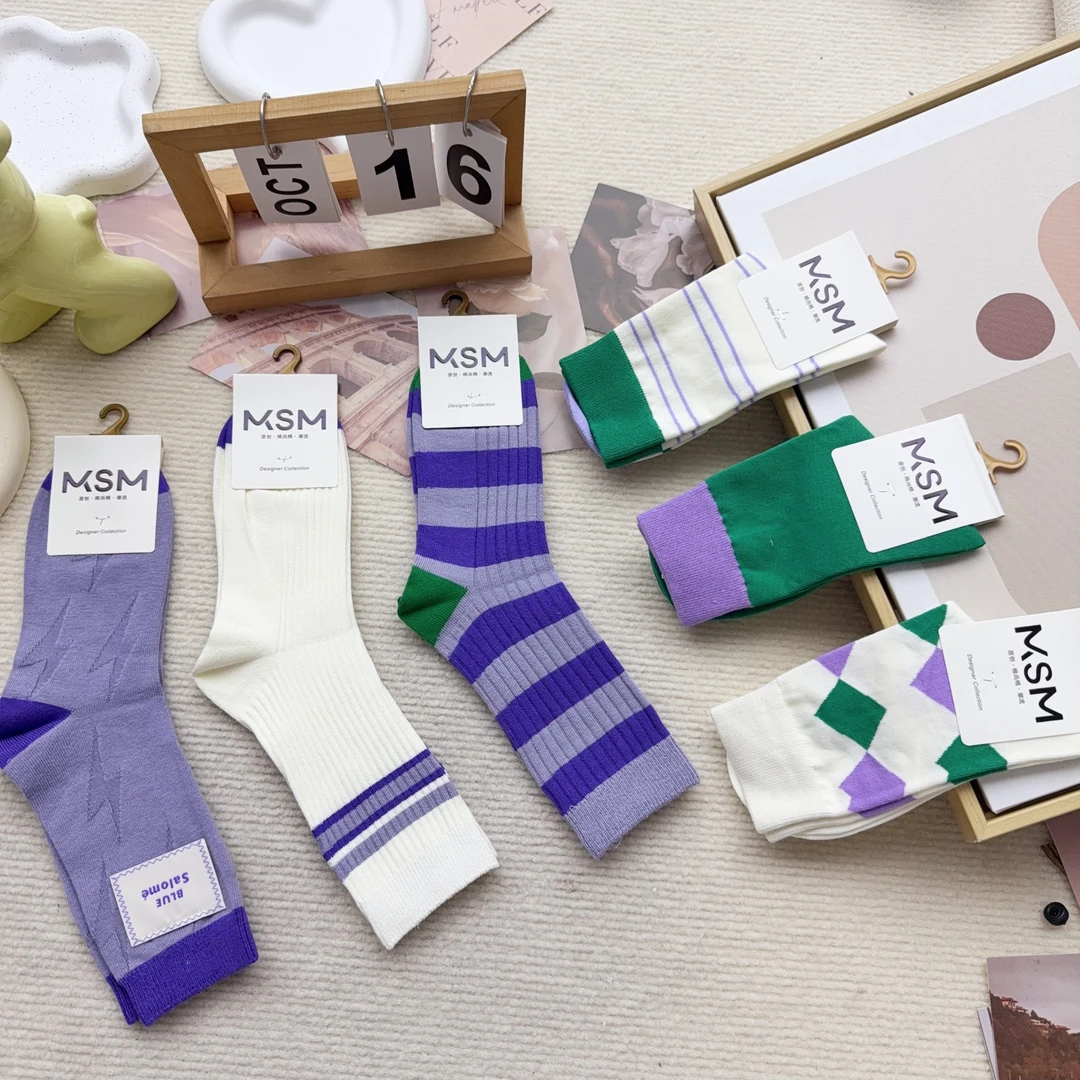 S001-98 D001-130 六双女袜布标休闲中筒袜