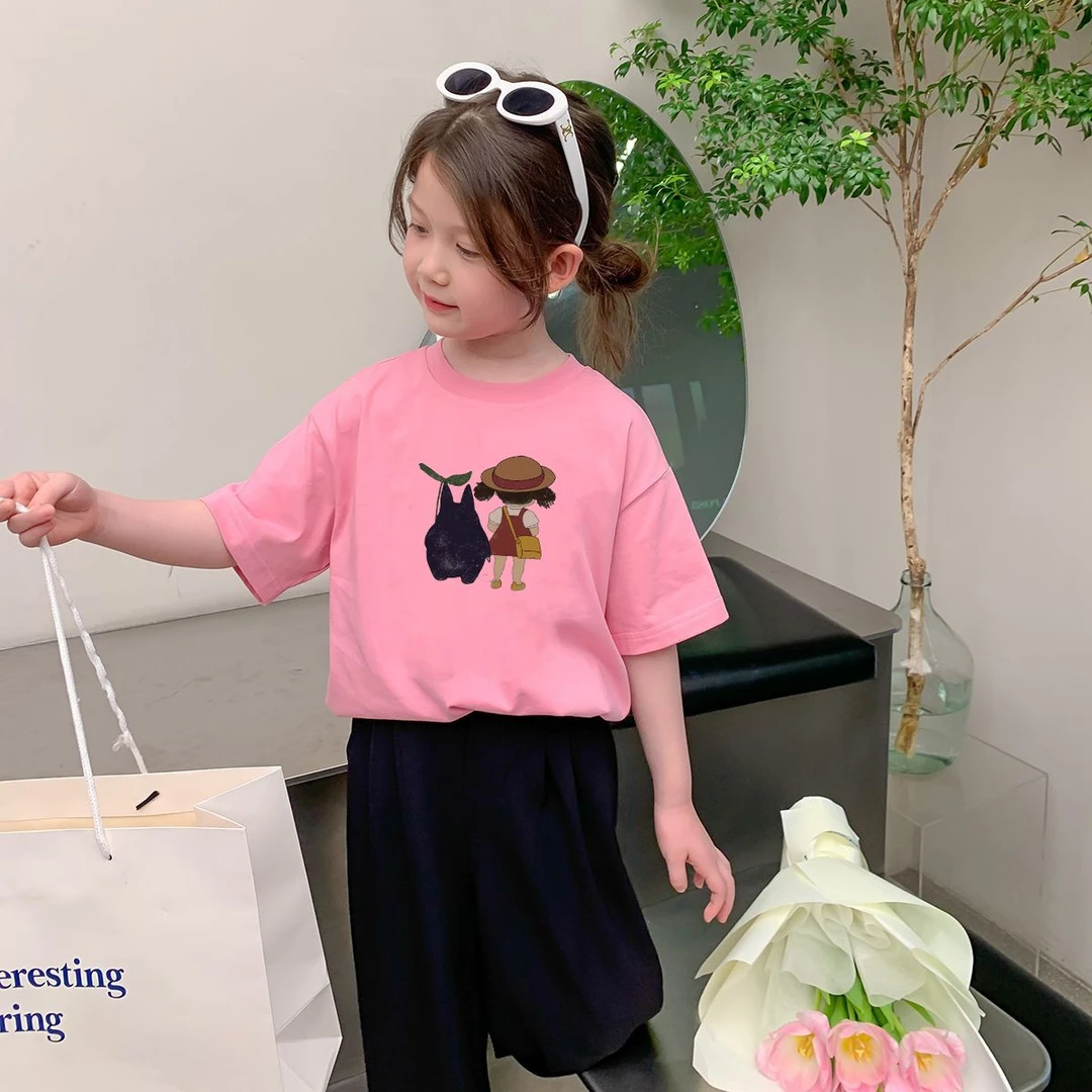 夏季新款女童纯棉T恤卡通印花中大童宽松圆领休闲风女宝上衣短袖