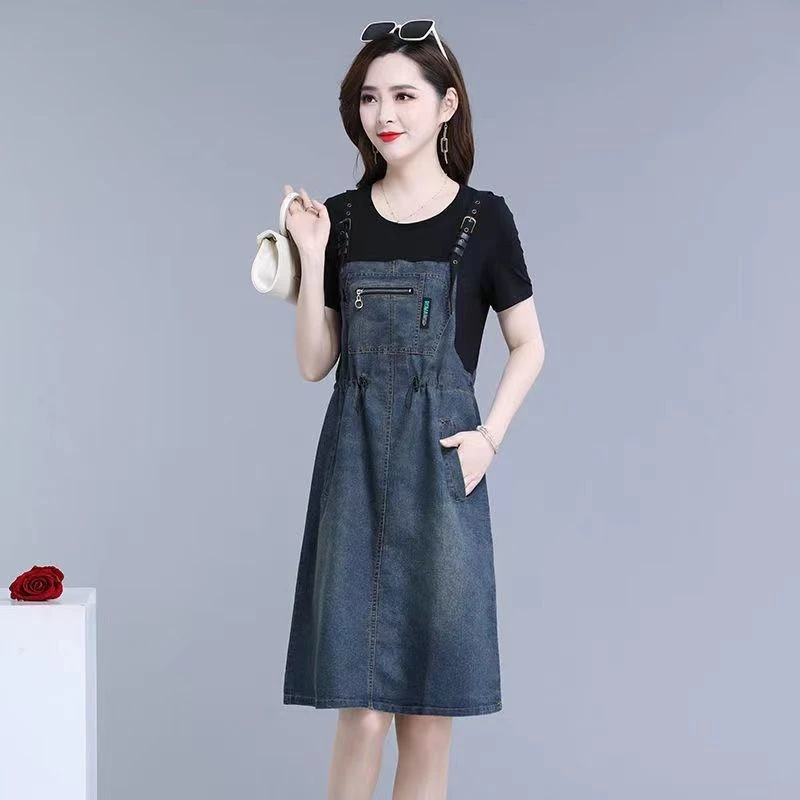 薄款牛仔连衣裙2025夏季新韩版修身洋气大码假两件背带裙女
