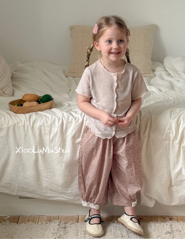 小鹿慕水 25133+25134女童套装2025夏季薄款粉色上衣+灯笼裤