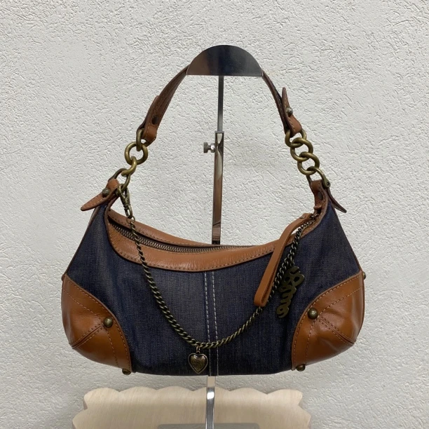 95新 BURBERRY/博柏利 拼皮牛仔链条hobo单肩包底长29 118965