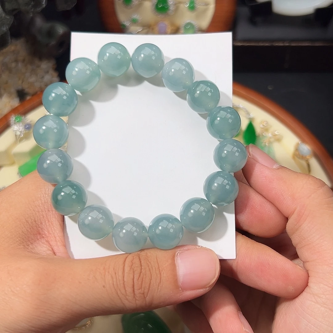 未镶嵌手链翡翠冰种牛仔蓝满底色匀翡翠手串卡13mm
