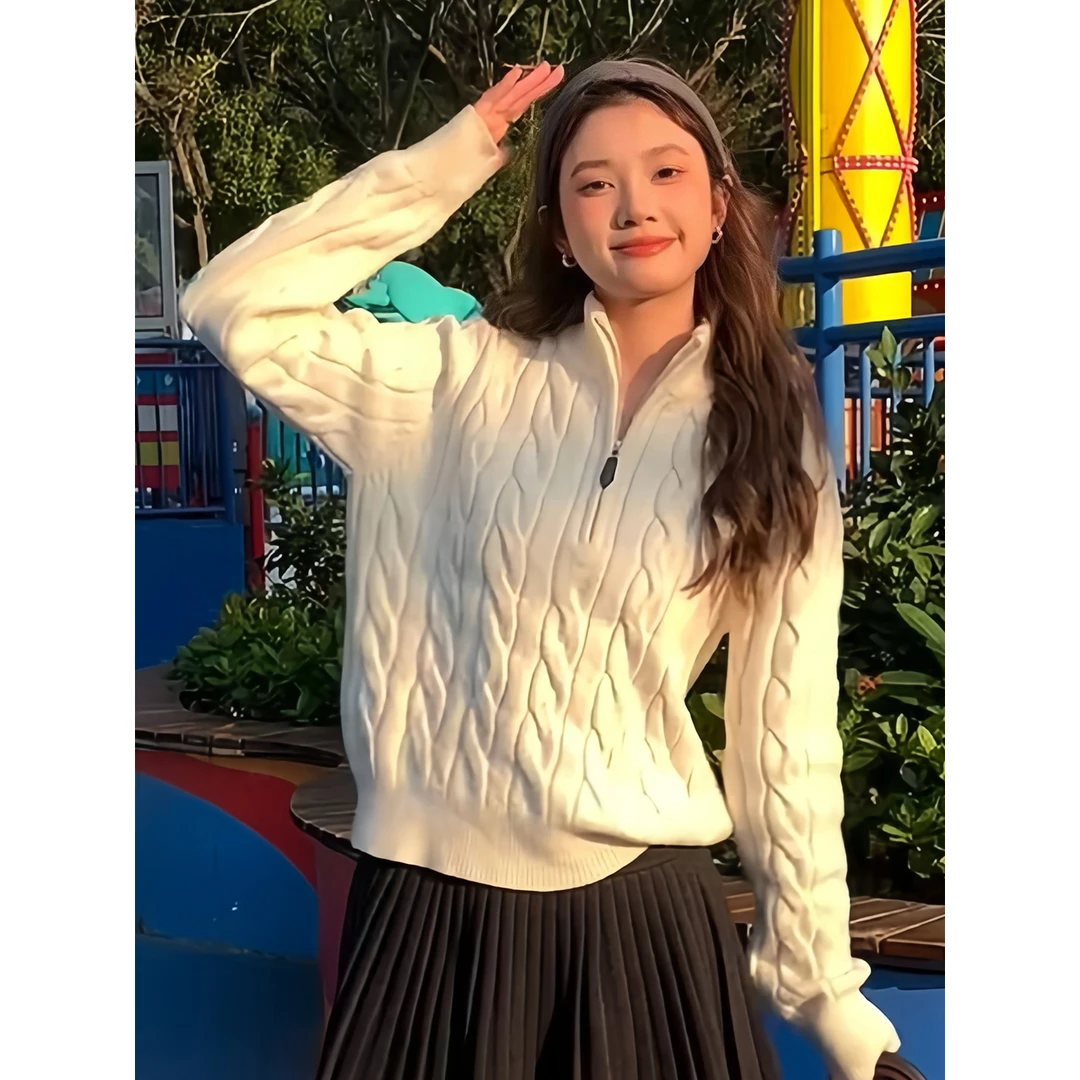 白色高领半拉链麻花长袖针织毛衣女秋冬2024新款温柔软糯上衣