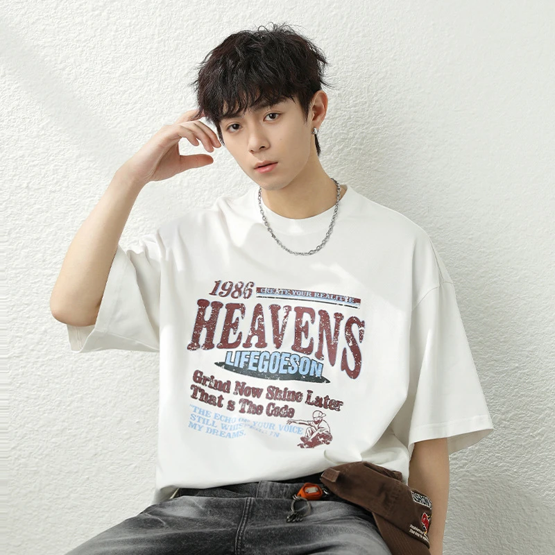 美式字母短袖印花纯棉印花T恤男士韩版夏季半袖宽松男装t恤简约