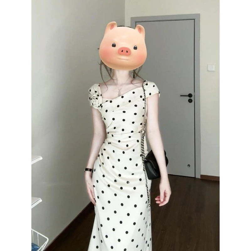 法式气质波点褶长显瘦裙子连衣裙斜肩设计高级淑女优雅女装套装款