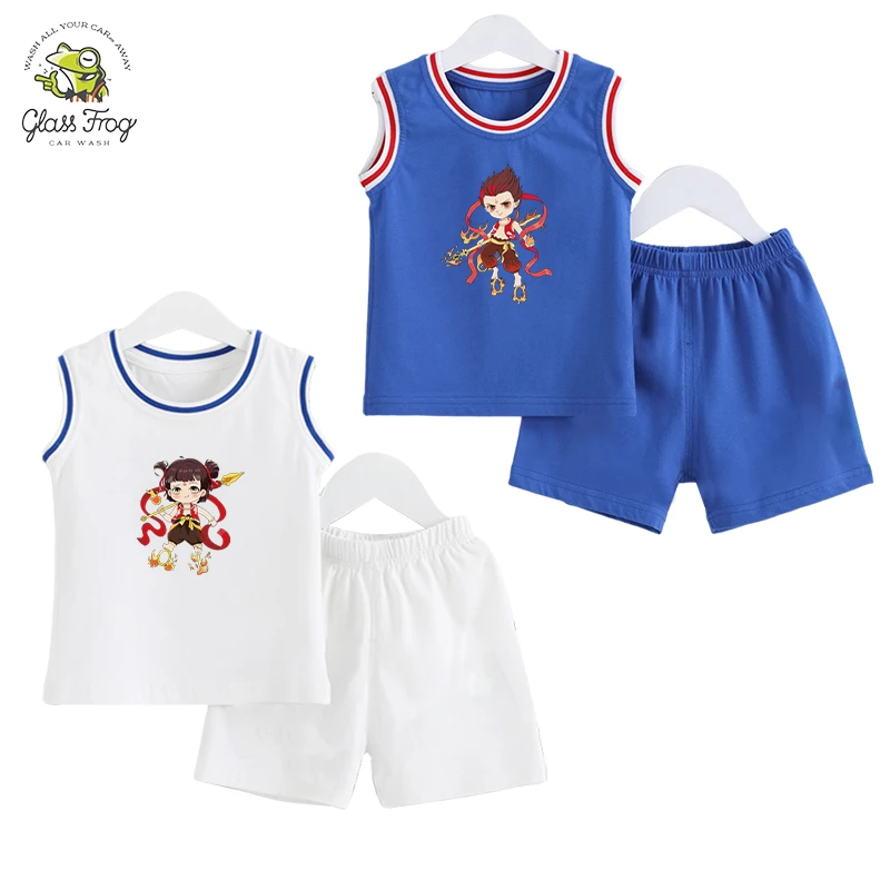 哪咤童装男童背心套装夏季2025新款童装儿童无袖帅气纯棉t恤短裤
