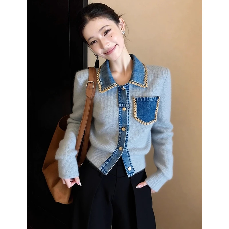 冬季别致独特小众小香风高级感超好看时尚百搭蓝色牛仔拼接针织衫