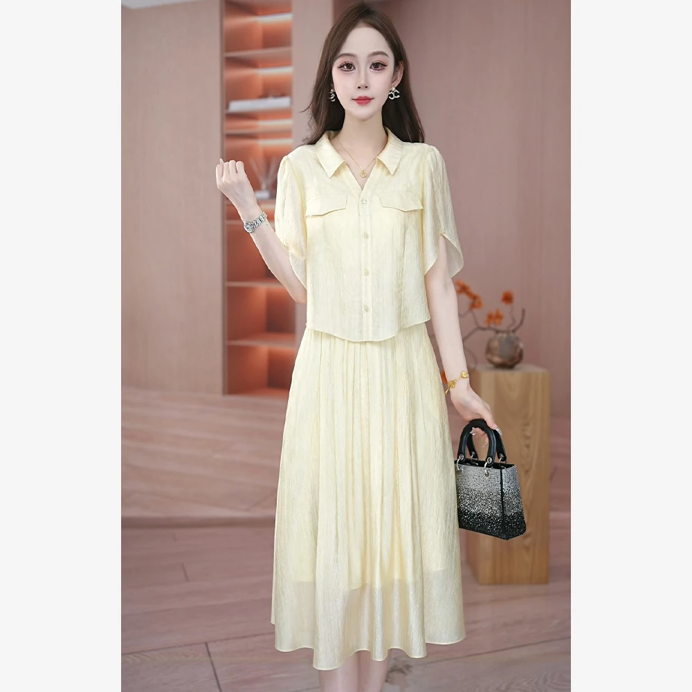 妍2025夏季新款气质显瘦时尚减龄中长款假两件连衣裙M-4XL