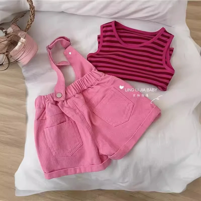 儿童背带裤新款2025宝宝背带短裤牛仔女童夏装两件套套装条纹背心