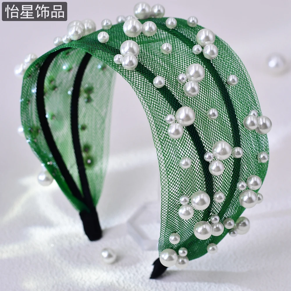 怡星手工钉珠珍珠发箍绿色网纱设计高级优雅气质绿色宽边头饰A106