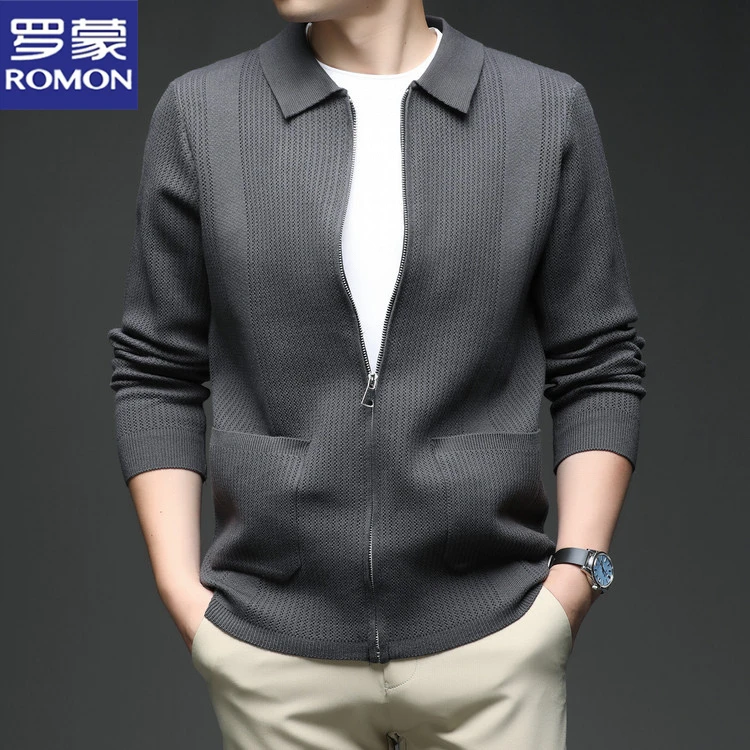 罗蒙新款春秋季翻领纯色拉链长袖开衫男士休闲百搭毛衣针织衫外套
