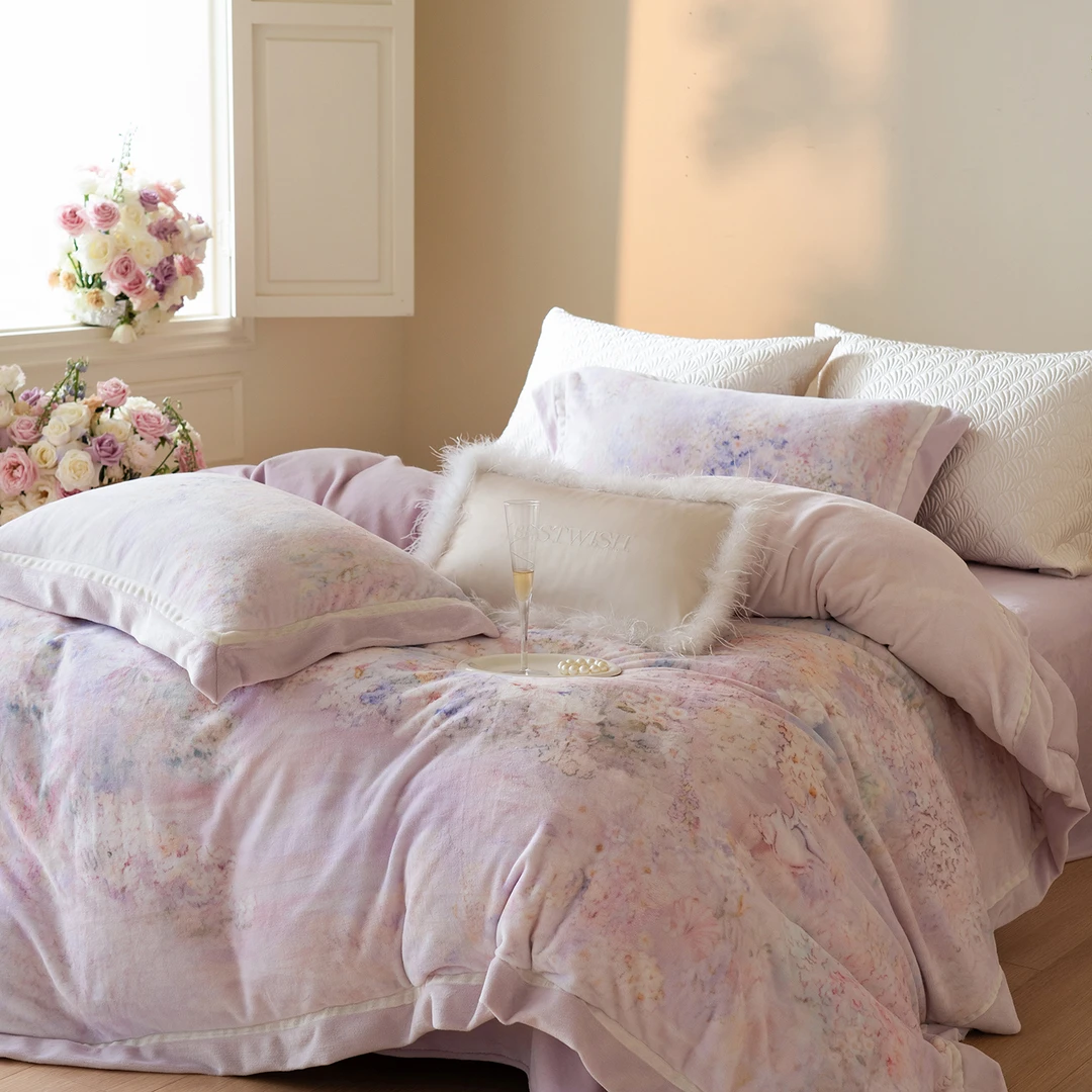 ROWHOLLY花间集  加厚加绒印花牛奶绒四件套毛绒被冬季保暖被罩