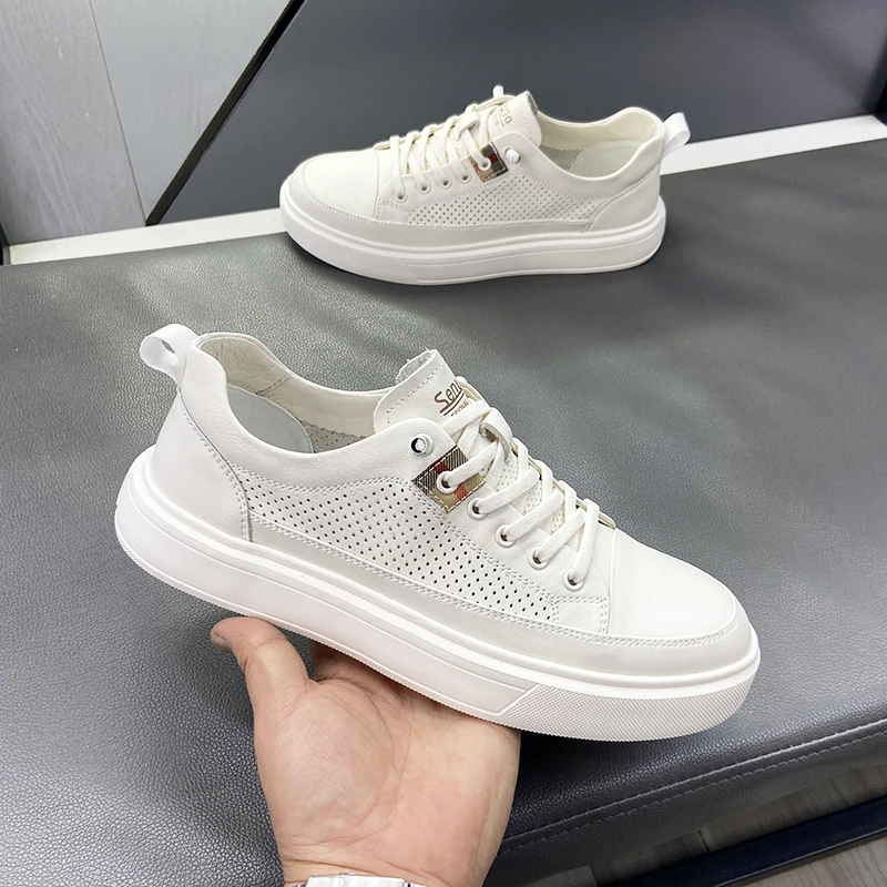 2025冲孔镂空真皮一脚蹬轻质小白鞋软底板鞋透气百搭休闲男鞋皮鞋