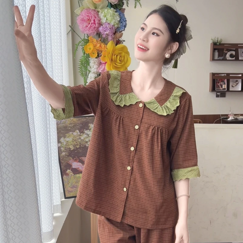 【摩卡慕斯】韩蜜蜜睡衣女款夏季翻领格子家居服可外穿洋气薄款套装