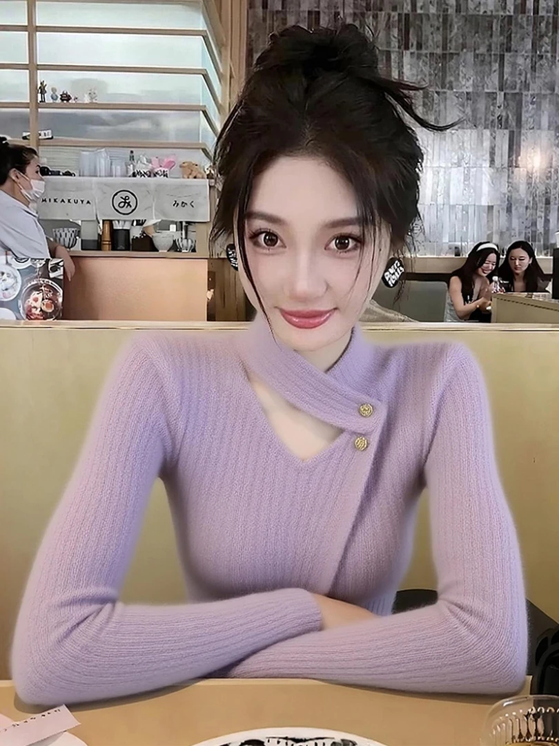 秋冬高级感紫色不规则镂空修身针织衫毛衣超好看内搭打底衫上衣