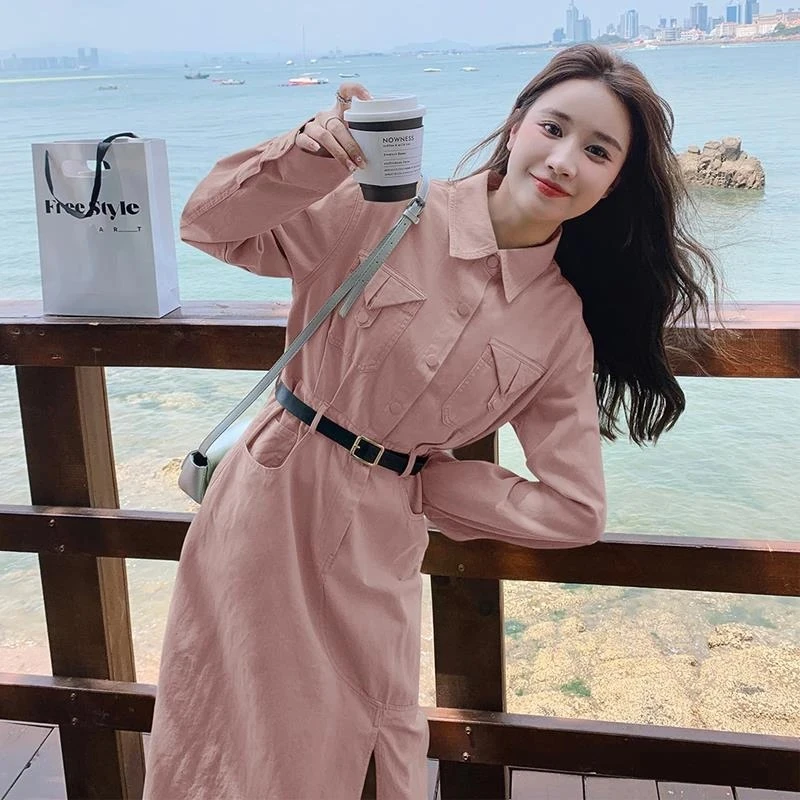 【洋洋】常规斜肩工装衬衫裙长裙连衣裙气质中长款韩版背带裙显瘦