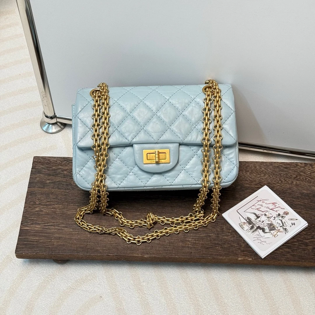 95新 Chanel/香奈儿 淡蓝金 复古牛皮 2.55mini单肩包/618629969