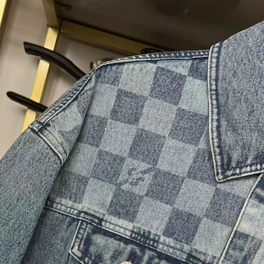 ［Q-39］潮牌春季情侣款格子印花翻领水洗牛仔夹克外套 50001