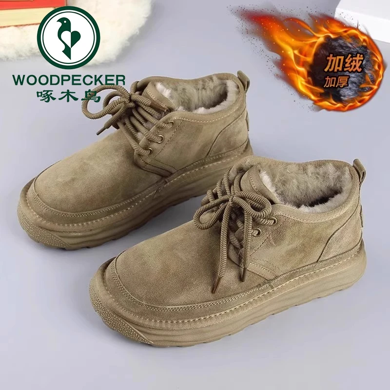 啄木鸟皮毛一体雪地靴男冬季加绒加厚保暖中帮短靴软底防滑东北抗