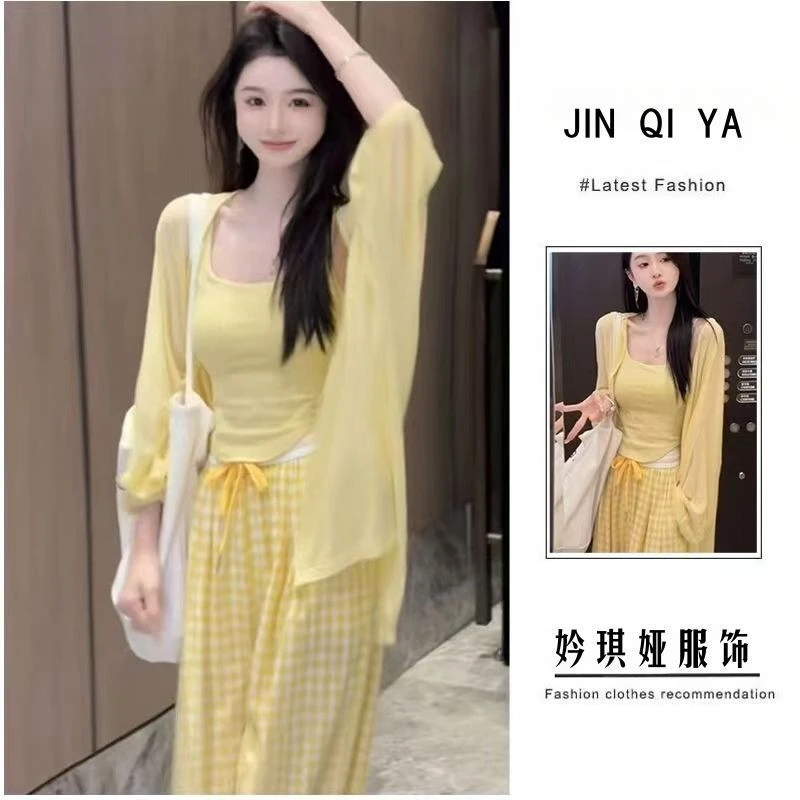 纯欲风辣妹套装女2025夏季新款防晒开衫吊带上衣高腰阔腿裤两件套