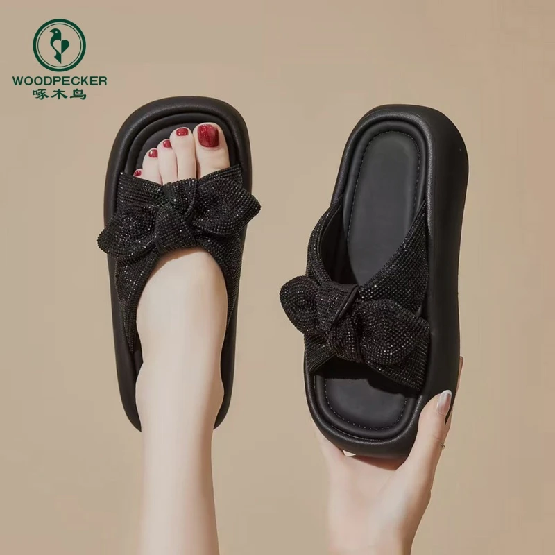 【万达专柜】啄木鸟法式厚底蝴蝶结凉拖鞋女2025夏配裙子休闲一字拖