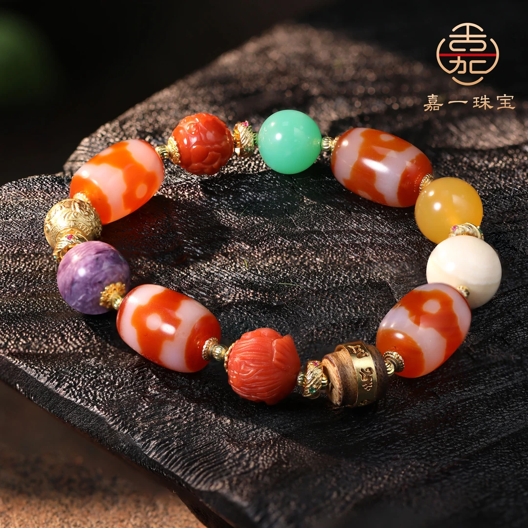 【嘉一珠宝】红肉天珠设计款四库全开南红澳玉多宝手串珠串