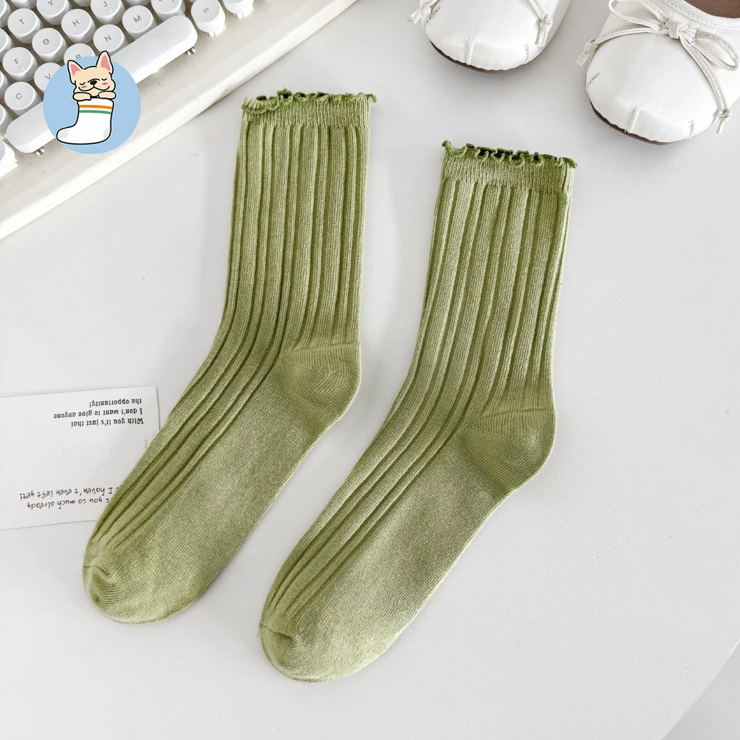 53木耳花边纯色盐系袜中筒袜简约舒适