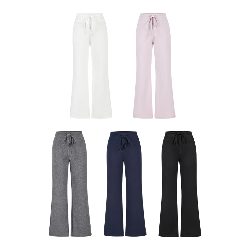 现货-lulu系白糯糯显瘦筒喇裤女夏季新款超模裤抽绳高弹长裤