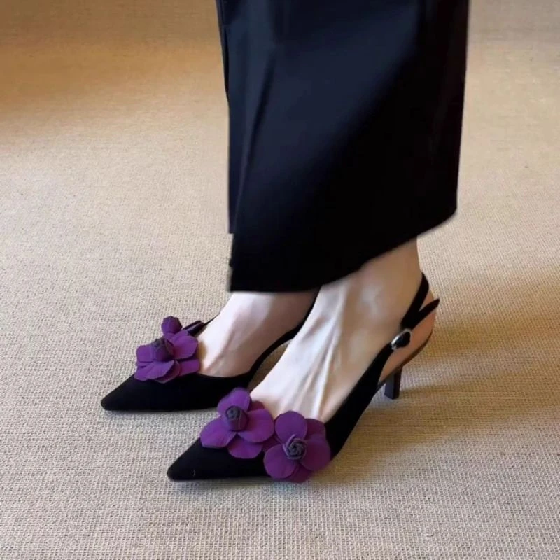 新款包头后绊细跟高跟鞋2025夏季配裙子高跟凉鞋黑色时装高跟凉鞋