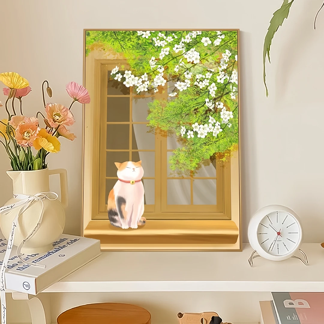 现代简约卡通窗前猫咪可爱治愈小清新小众装饰画餐厅客厅卧室挂画