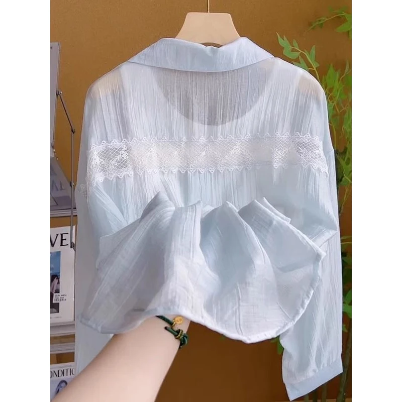 法式新款复古粉色蕾丝镂空衬衫女夏季轻薄百搭防晒衣开衫上衣女