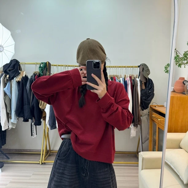 宽松显瘦百搭短款圆领纯色做旧小卫衣
