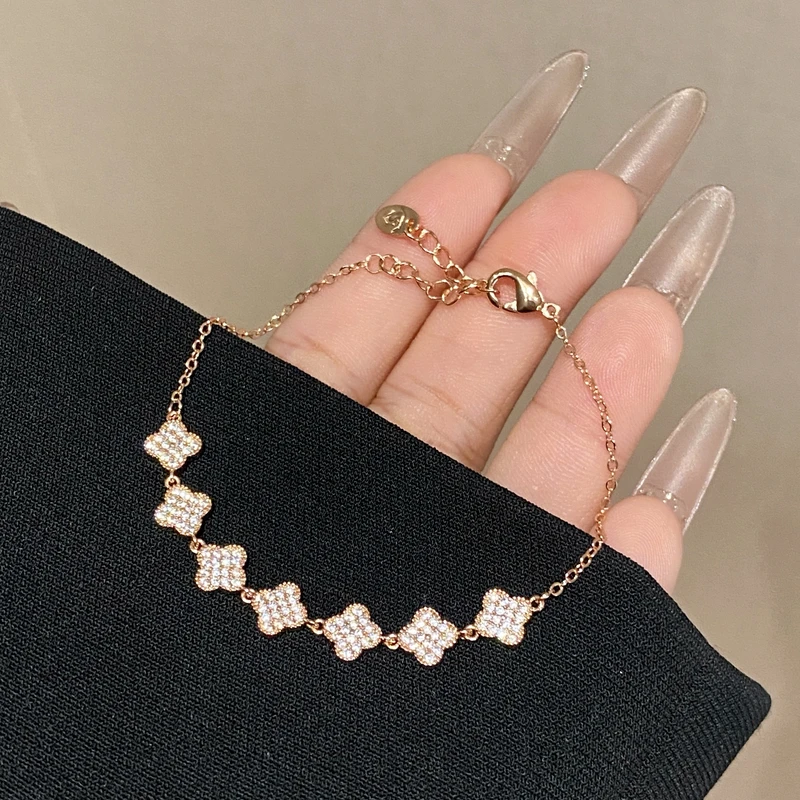 铜合金合成锆石手链 简约轻奢千金高级感四叶花手链A3410
