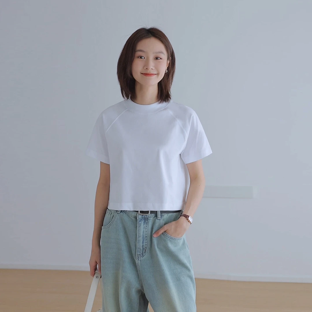 半高中领插肩袖T恤女短袖简约通勤宽松休闲露脐短款T恤衫高腰上衣