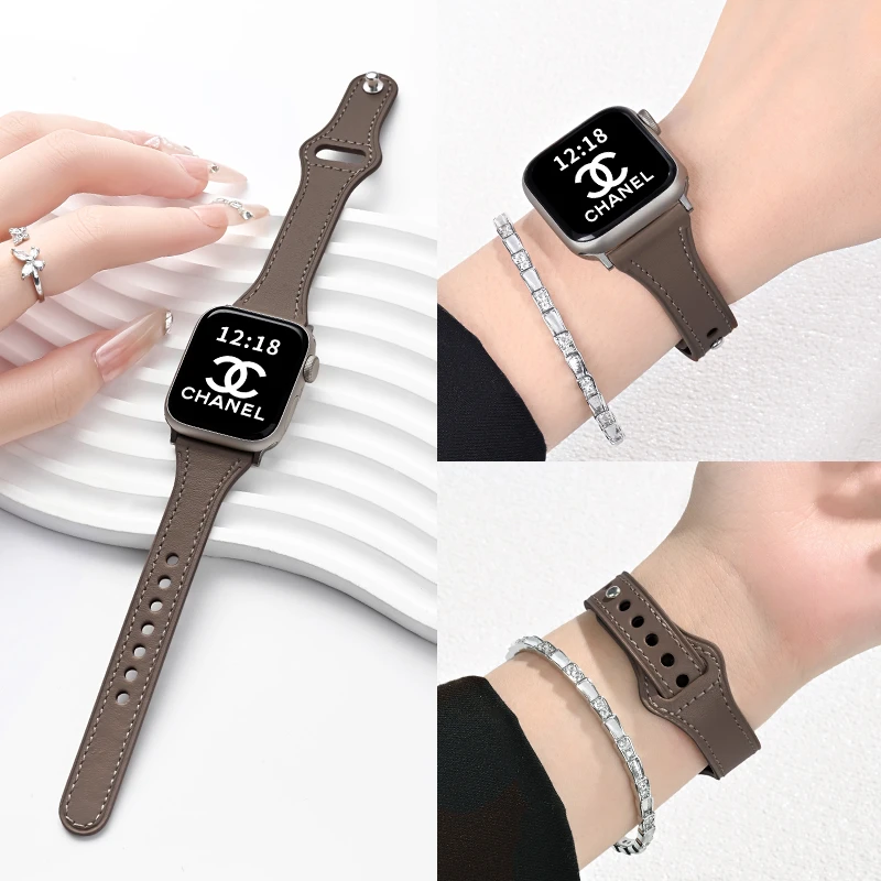 适用苹果手表s11真皮表带高级iwatchs10显瘦轻奢applewatch女款se