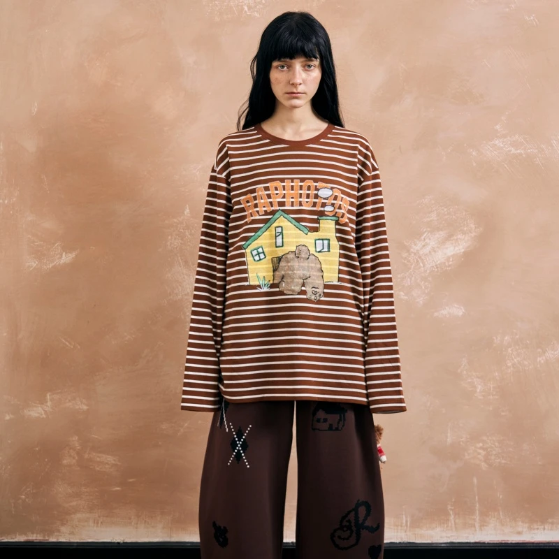 RAPHOTOS小熊屁股条纹印花圆领长袖TEE