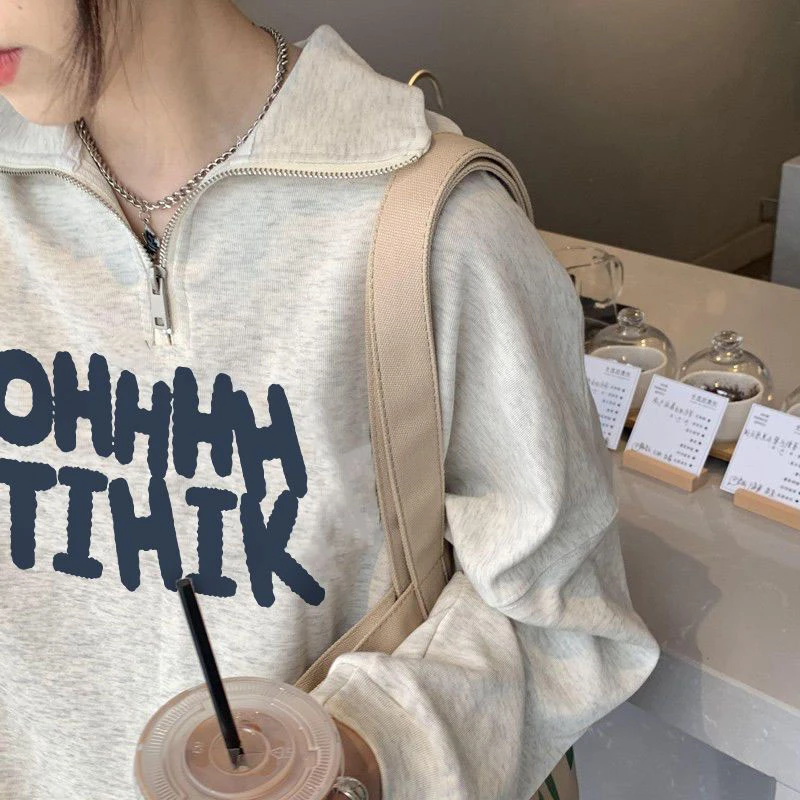 太好看了吧！加绒加厚Polo领卫衣女秋冬季慵懒宽松半拉链外套上衣