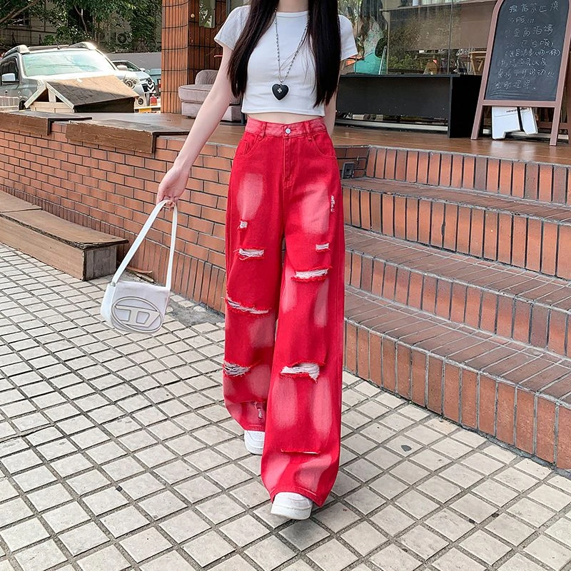 洋气衣服女洋气衣服女~美式高街水洗扎染破洞牛仔裤女2025新款宽