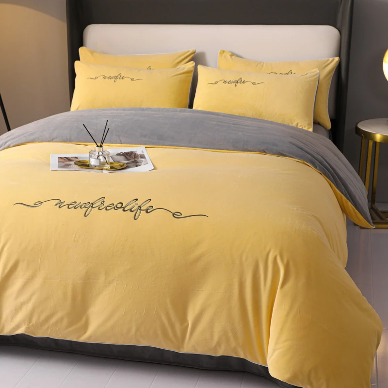 简约2025新款纯色刺绣加厚被套牛奶绒床单四件套宝宝绒床品三件套