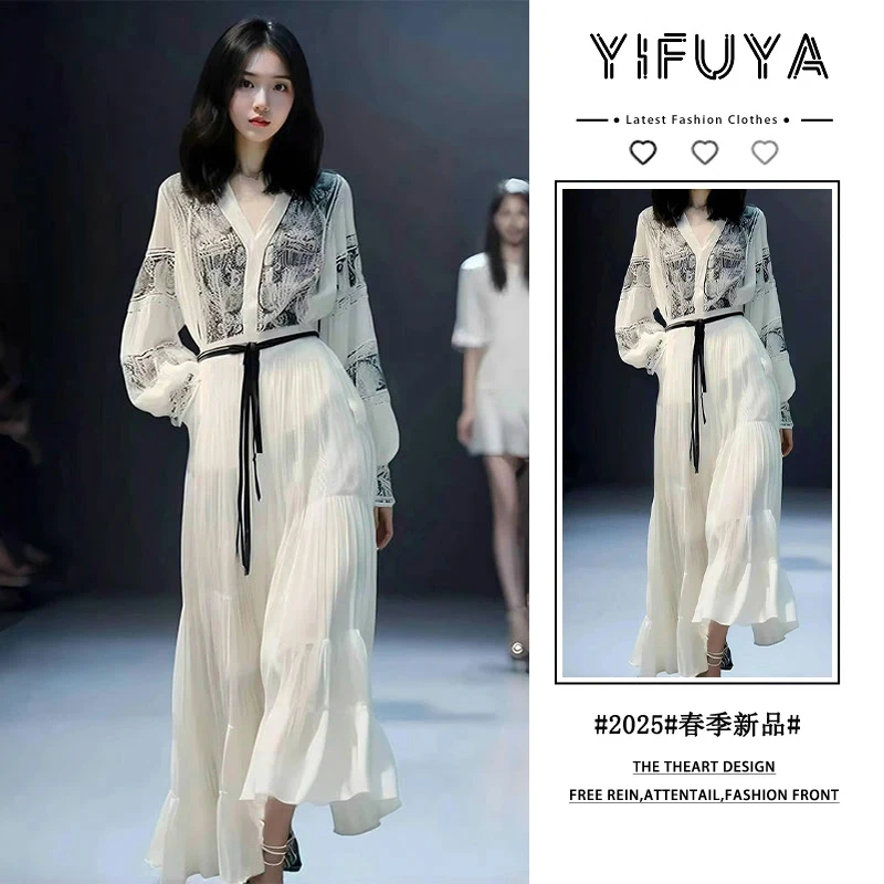 法式气质高端精致气质女神范高级感印花白色文艺复古雪纺连衣裙春