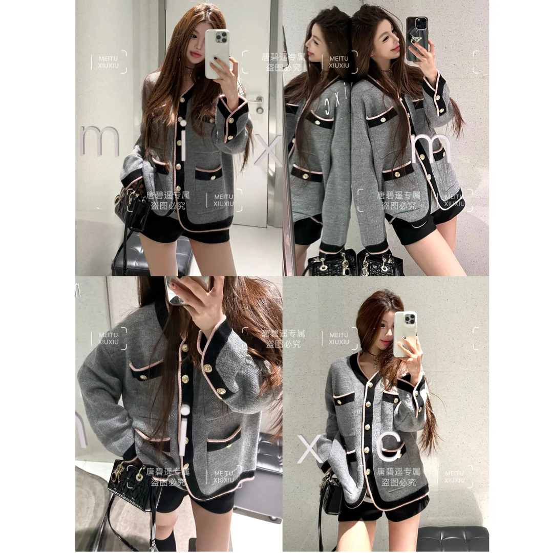 25秋季新款小香撞色灰粉大纽扣开衫女宽松