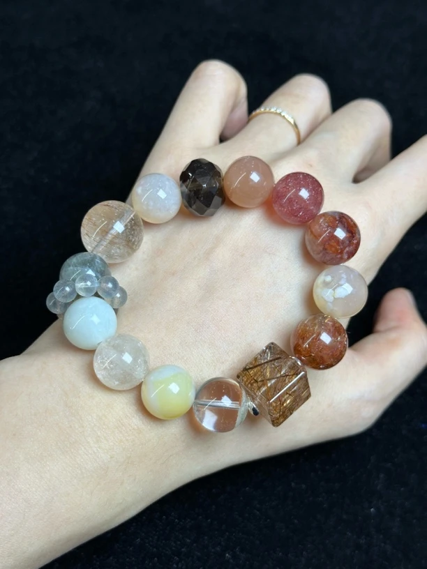 【西西里】天然水晶手串黑金超 橙月光 幽灵 樱花玛瑙 胶花 茶水晶