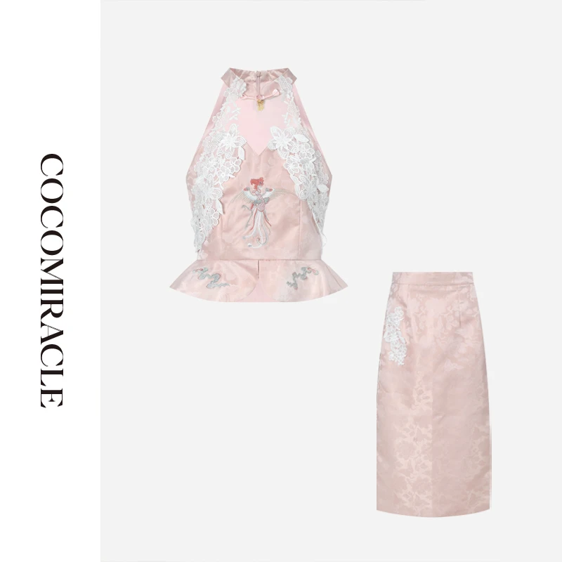 董小姐【锦绣丹容】国风重工刺绣蕾丝挂脖收腰上衣+长半裙套装TZ977