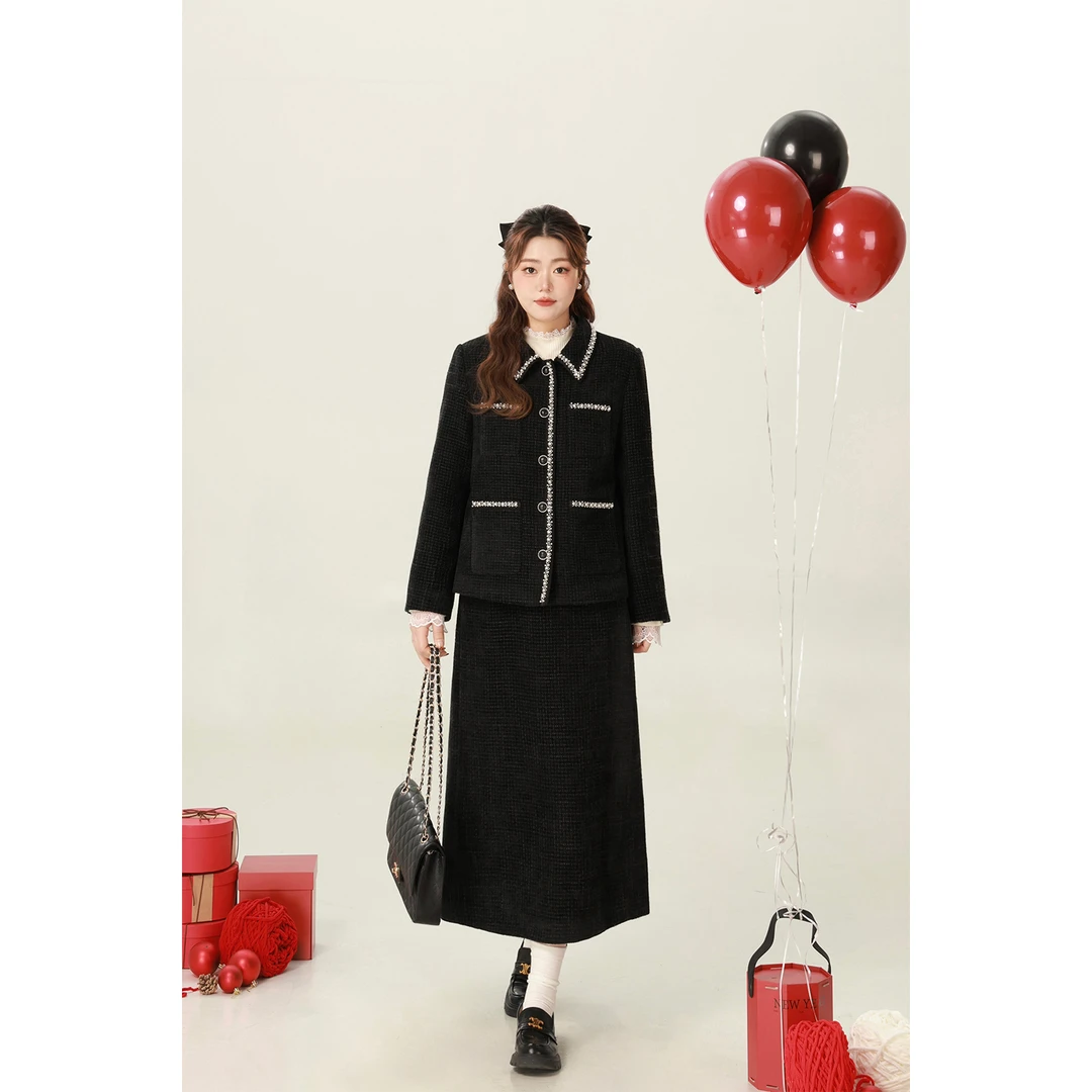 大婉酱微胖定制法式高级感黑色小香外套女A字半身裙套装5895D