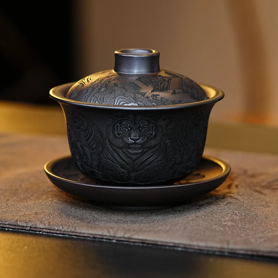 宜兴原矿茶具 石黄手工刻绘五虎老虎高端自用紫砂盖碗