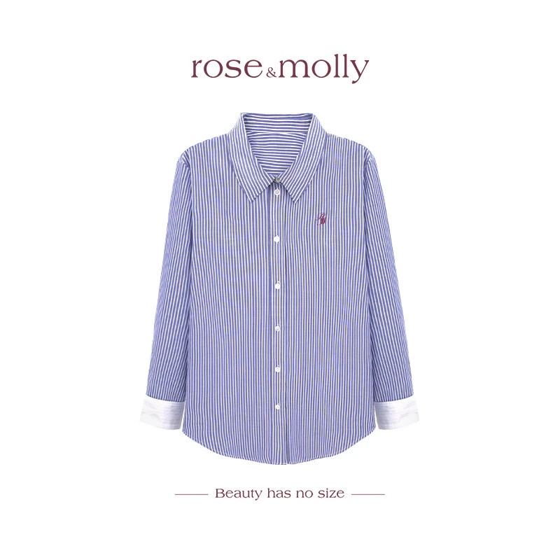 微胖定制【瑞秋衬衫】条纹刺绣衬衫设计感通勤蓝白长袖衬衣RAC184