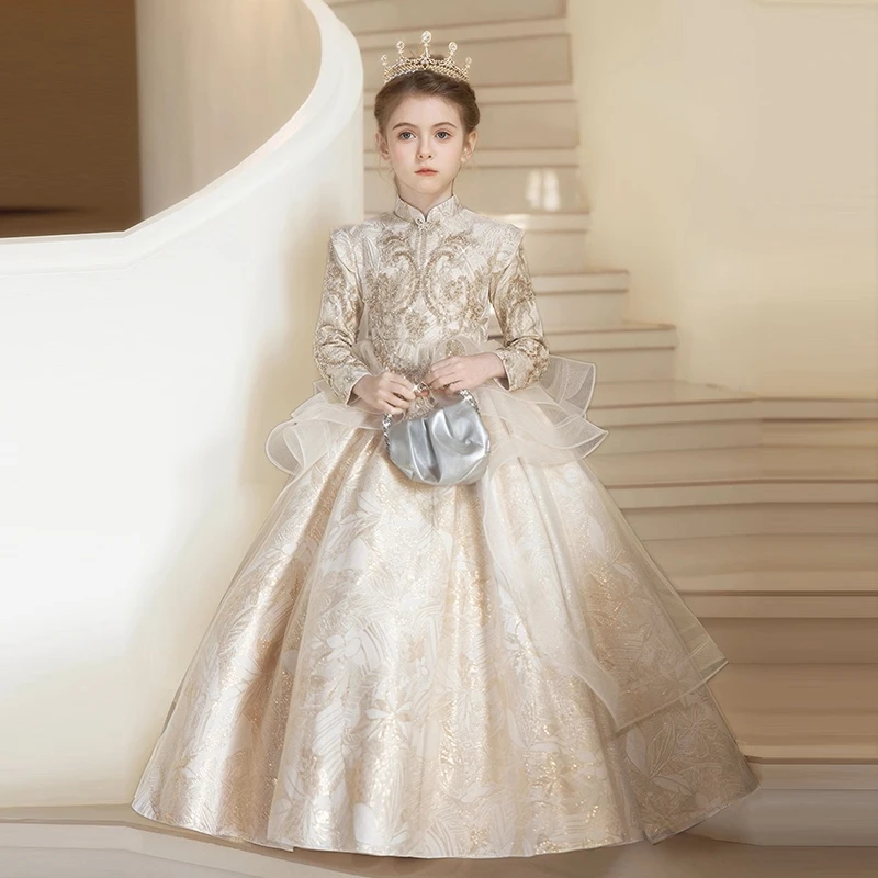 女童生日礼服洋气高端小众香槟色长袖小女孩主持钢琴演出服公主裙