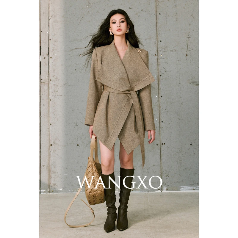 WANGXO 亮丝羊毛慵懒大翻领系带外套2531083W